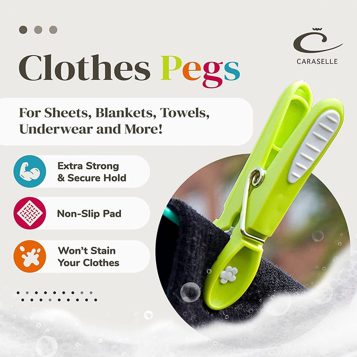 Pegs & Caddy Bundle (Extra Strong Non-Slip Clothes Line Pegs with Firm Grip for Sheets, Blankets & Towels 8cm long + 1 Clothes Peg Caddy)