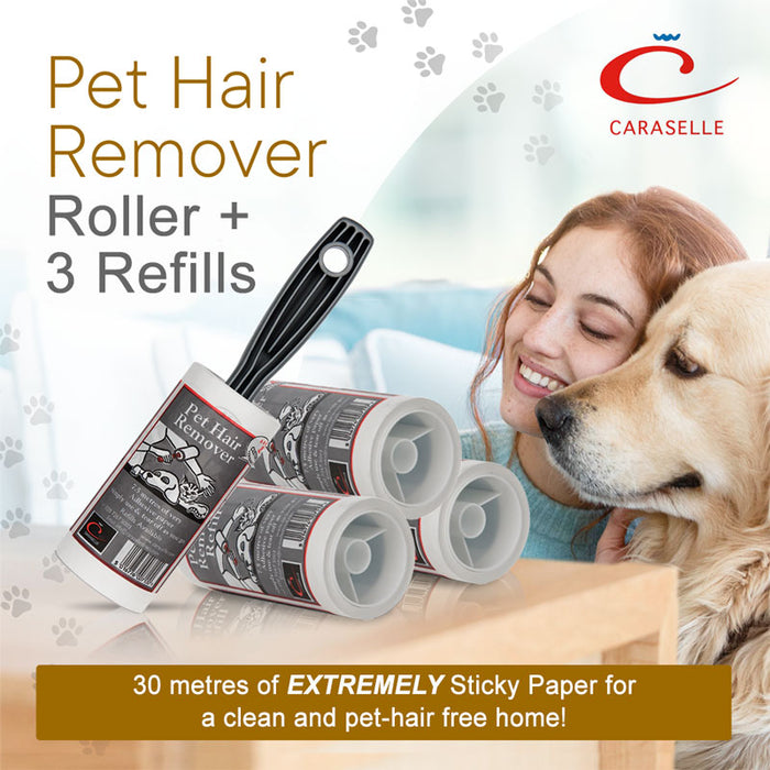 Caraselle Pet Hair Remover Lint Roller with three refills and a woman with a dog on a light background.