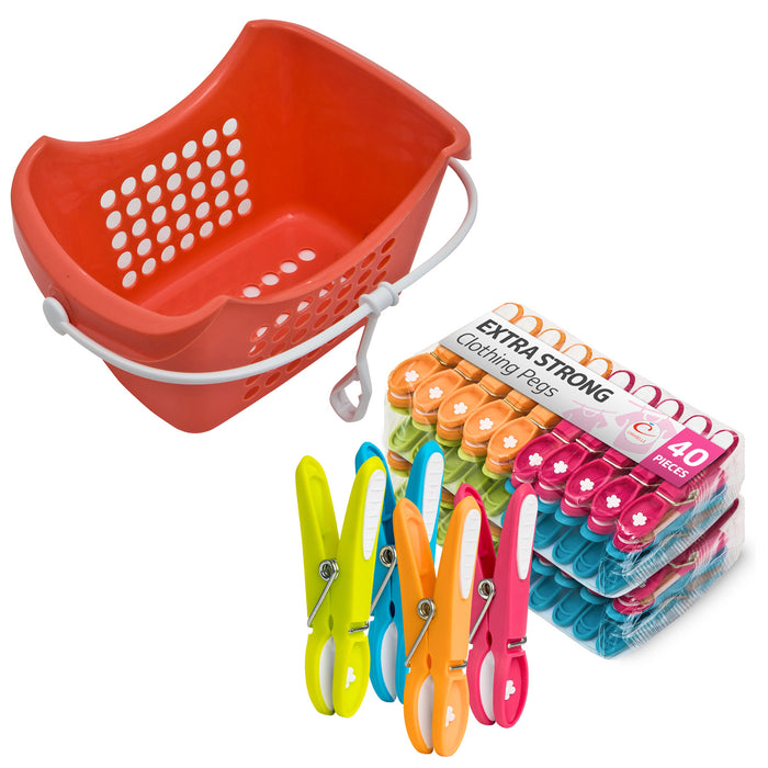 Pegs & Caddy Bundle (40 Extra Strong Non-Slip Clothes Line Pegs with Firm Grip for Sheets, Blankets & Towels 8cm long + 1 Clothes Peg Caddy)