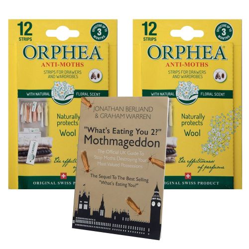 2 packs of Orphea Moth Repellent Strips and Mothmageddon Moth Book