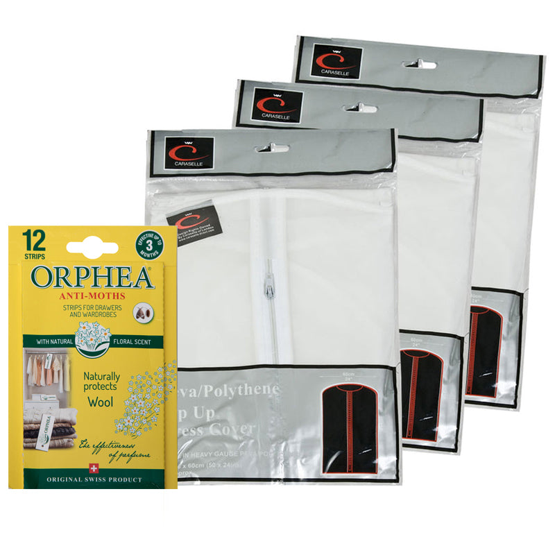 Peva Anti-Moth Storage Bundle G - 3 x Dress Covers & 1 x Orphea Moth Strips (12 Strips)