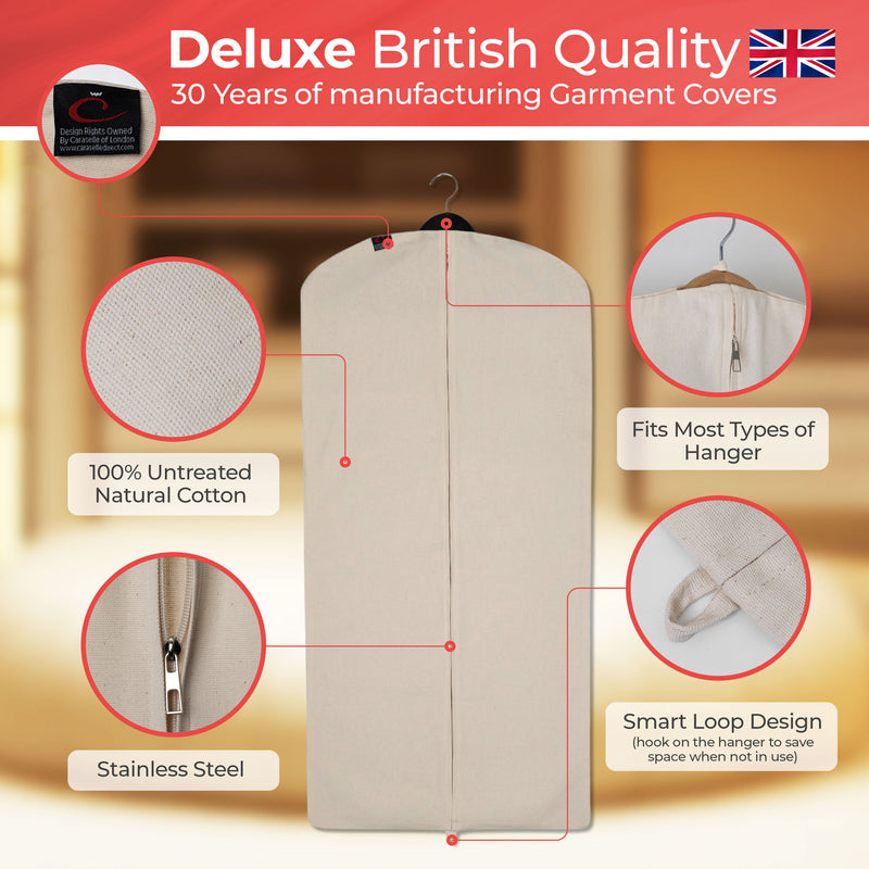 100% Natural Cotton Dress Cover – Breathable Zipped Garment Storage Bag for Dresses, Coats & Occasionwear (Approx. 129 x 60cm)