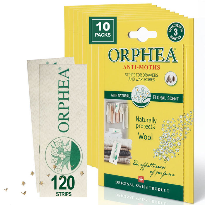 Orphea anti-moth strips packaging with yellow and green design on a white background