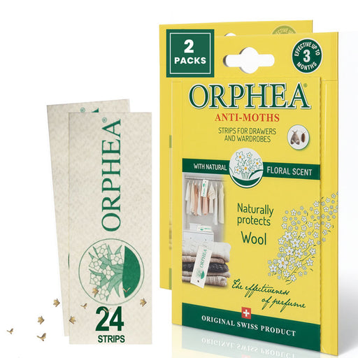 Orphea anti-moth strips packaging with yellow and green design on a white background