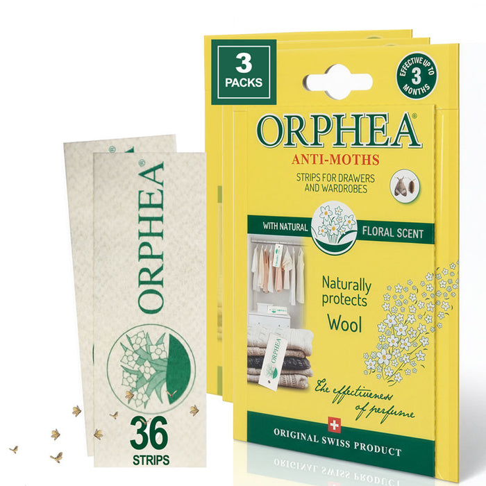 Orphea anti-moth packaging with yellow and green design on a white background