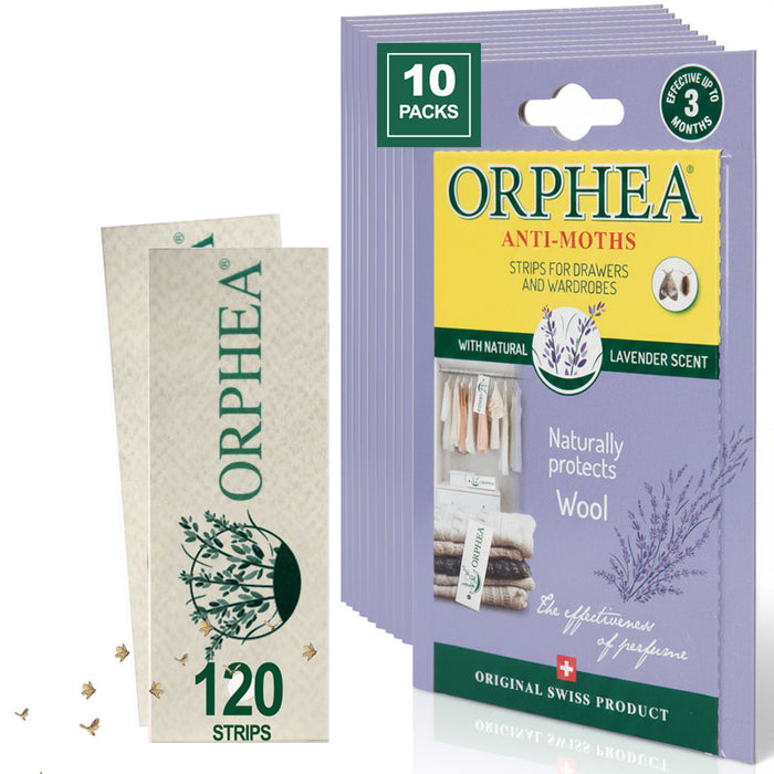 Orphea anti-moth strips packaging with lavender scent on a white background