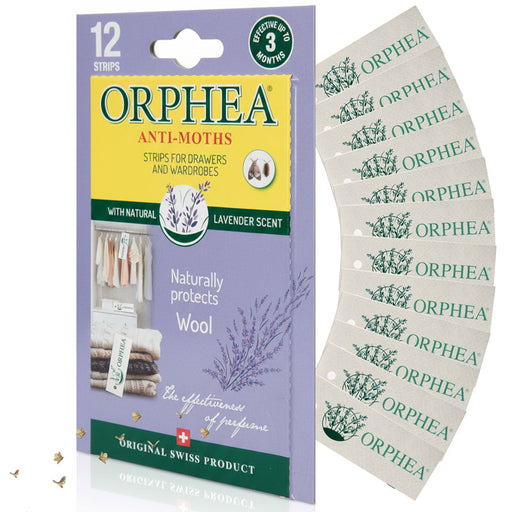Orphea anti-moth strips packaging with lavender scent on a white background