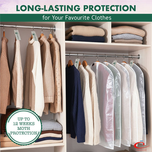 Clothing with clear covers and text about long-lasting protection for clothes.