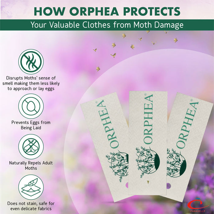 Orpheea moth protection packaging with text on a blurred floral background