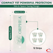 Orphea product packaging with dimensions and features on a light pink background