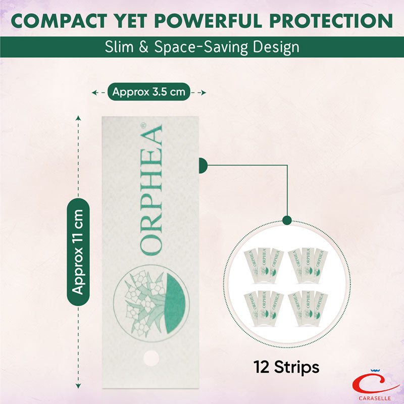 Orphea product packaging with dimensions and features on a light pink background