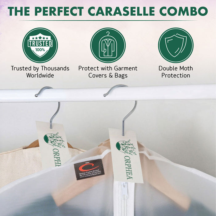 Caraselle garment covers with hangers on a white background, featuring brand logos and text.