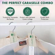 Orphea garment covers with hangers on a white background, featuring brand logos and text about product features.