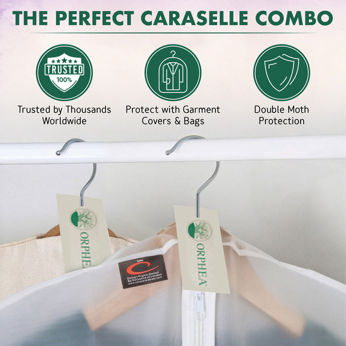 Orphea garment covers with hangers on a white background, featuring brand logos and text about product features.