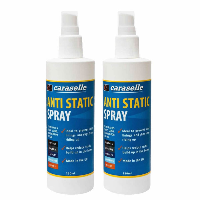 Two bottles of Caraselle Anti Static Spray on a white background