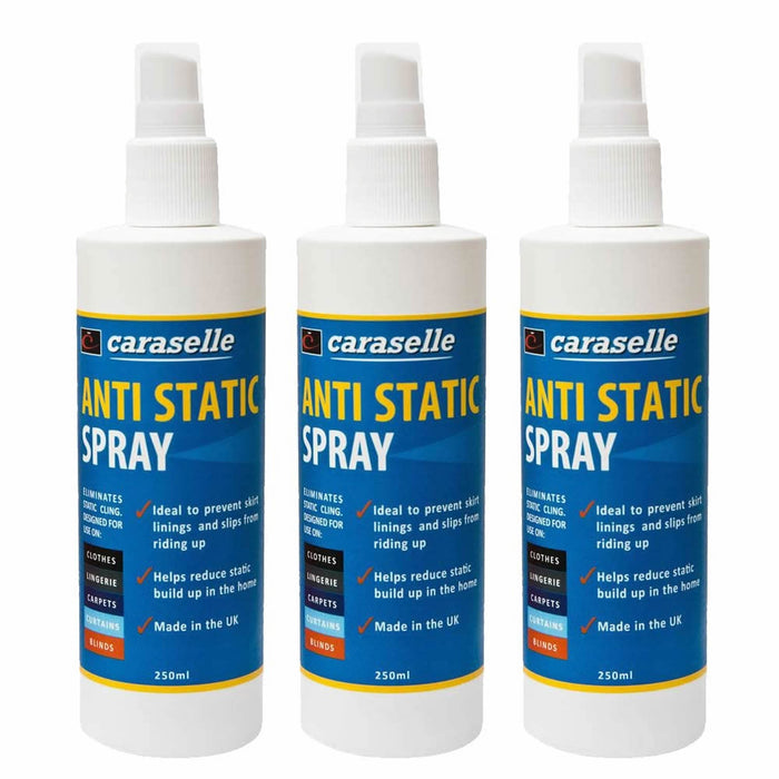 Three bottles of Caraselle Anti Static Spray on a white background