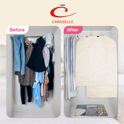 Caraselle closet organizer before and after usage with clothes on a beige background