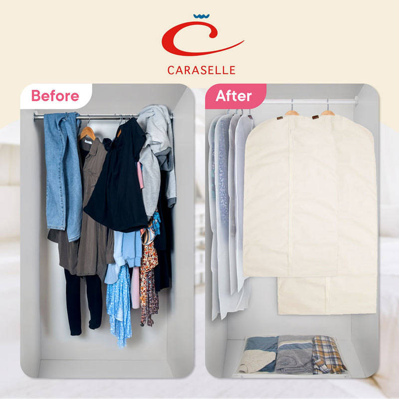 Caraselle closet organizer before and after usage with clothes on a beige background